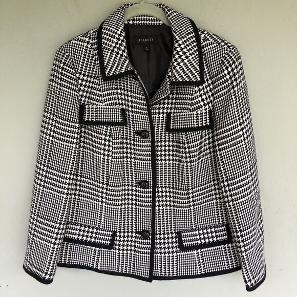 Talbots Jackets & Blazers - Talbots Blazer Houndstooth Blazer 12 Black White Wool Blend Jacket Preppy Career